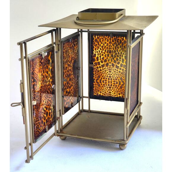 CANDLE HOLDER/Gold Tone-Leopard Glass Sides, Handle to Hang, Latch Door - Picture 4 of 11